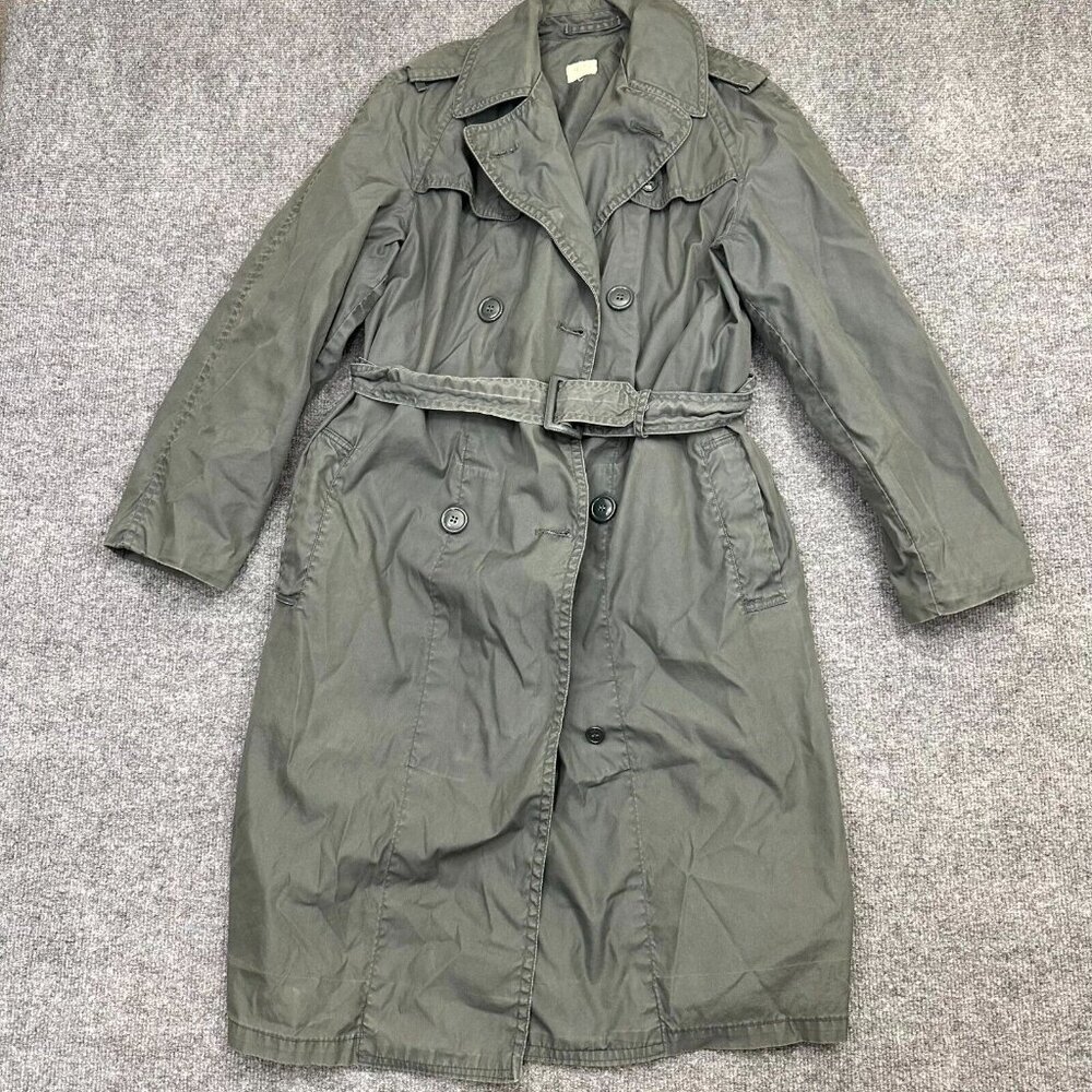 Vintage Military Quarpel Raincoat Women 12 Army Green Cotton Belted Button-Front